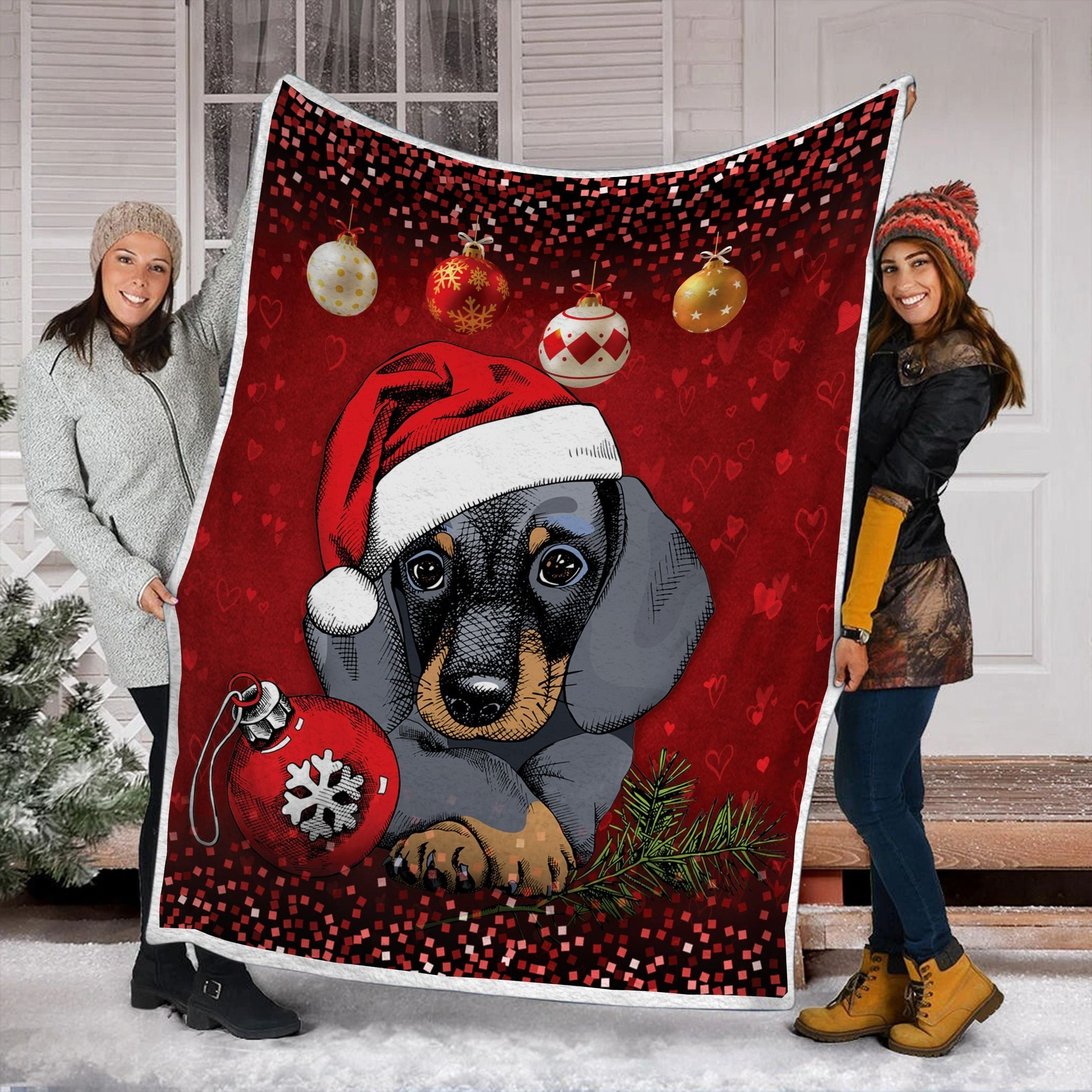 Red Glitter Theme Dachshund Xmas Throw Blanket