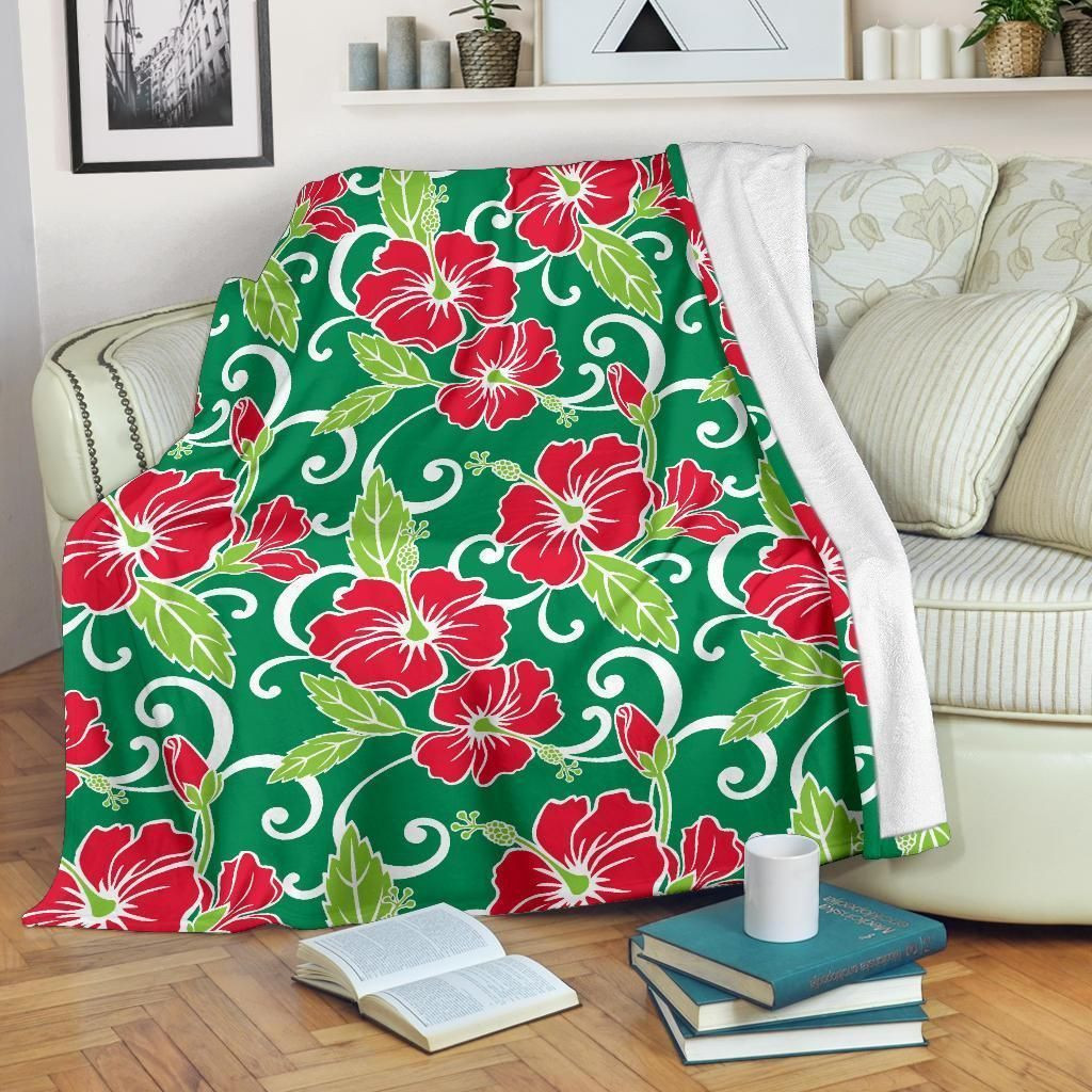 Red Hibiscus Pattern Green Throw Blanket