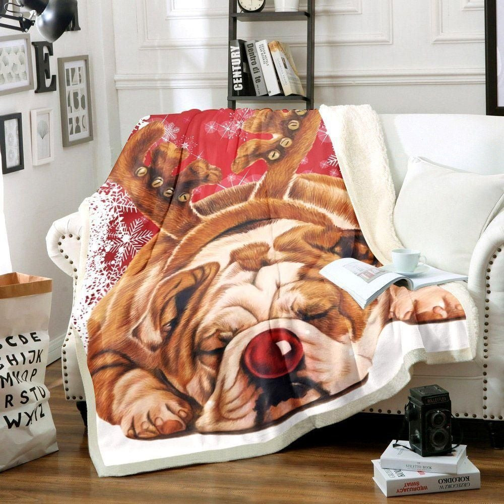 Red Nose Bulldogs Sleeping Moment Christmas Throw Blanket