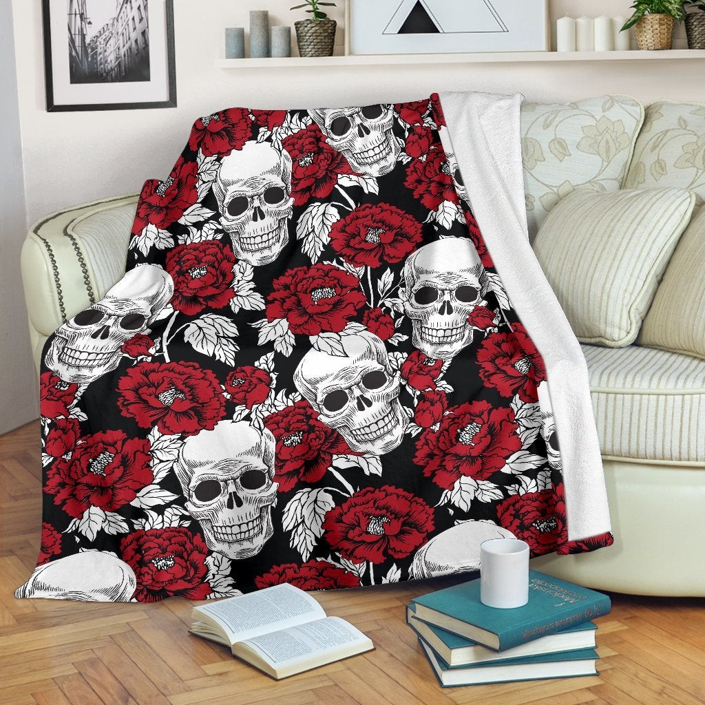 Red Peony Skull Pattern Throw Blanket