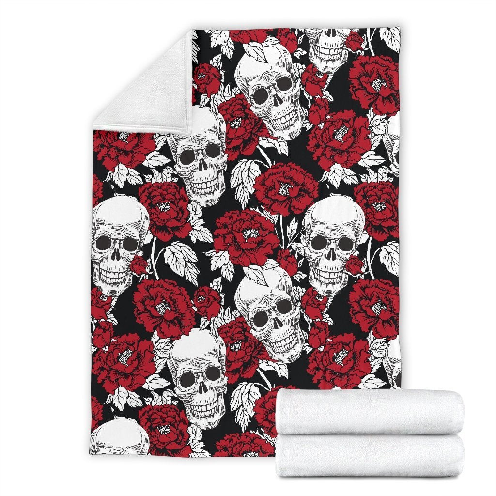 Red Peony Skull Pattern Throw Blanket