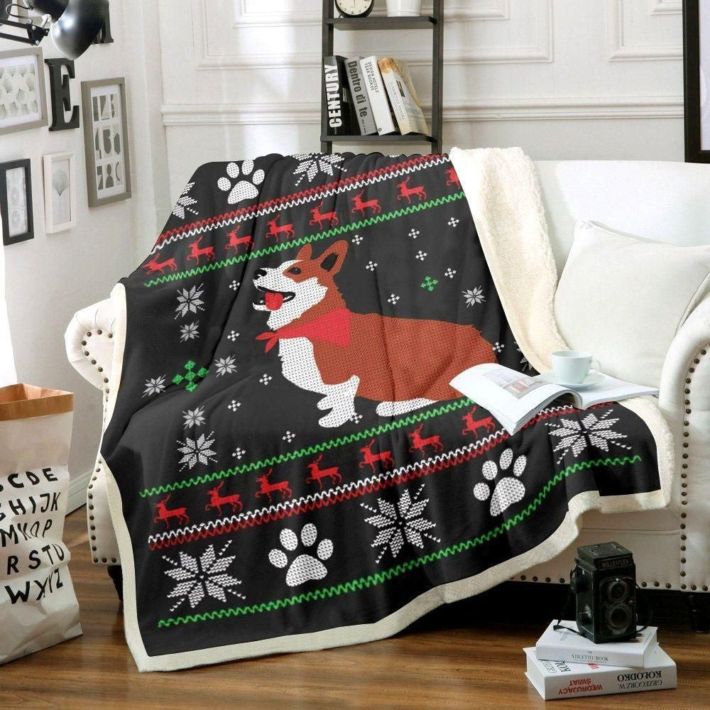 Red Reindeer Snowflake And Paw Border Corgi Christmas Throw Blanket