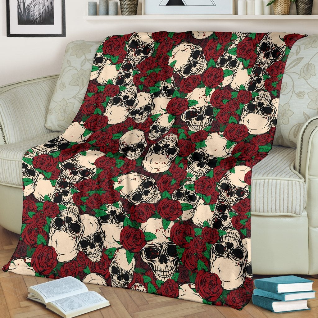 Red Rose Skull Pattern Throw Blanket