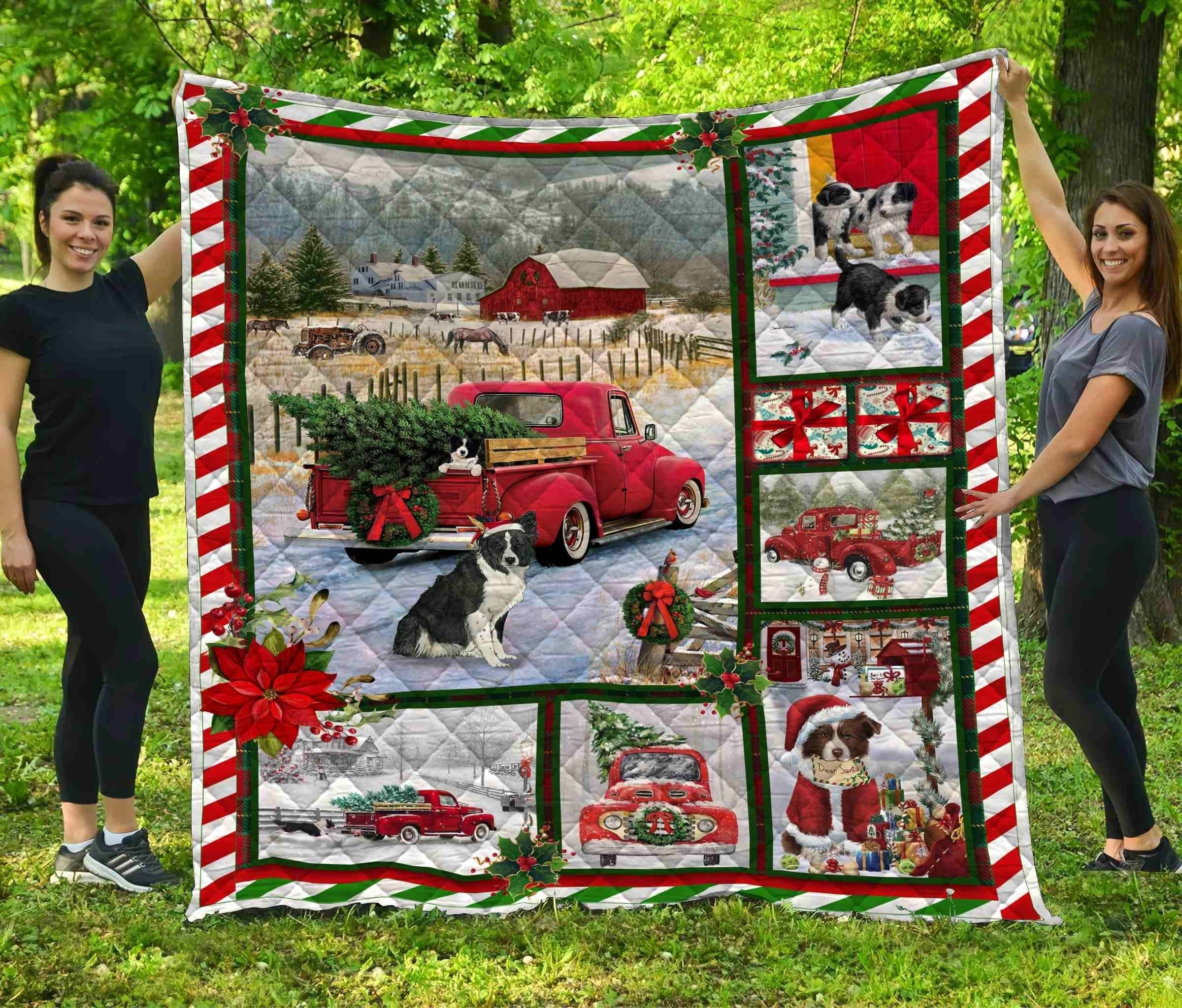 Red Truck Carrying Trees With Border Collie Christmas Throw Blanket