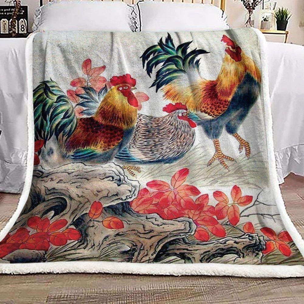 Rooster Standing Near Two Hens Pattern Throw Blanket