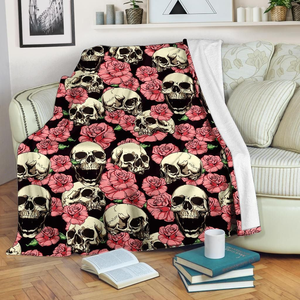 Rose Skull Romantic Pink Throw Blanket