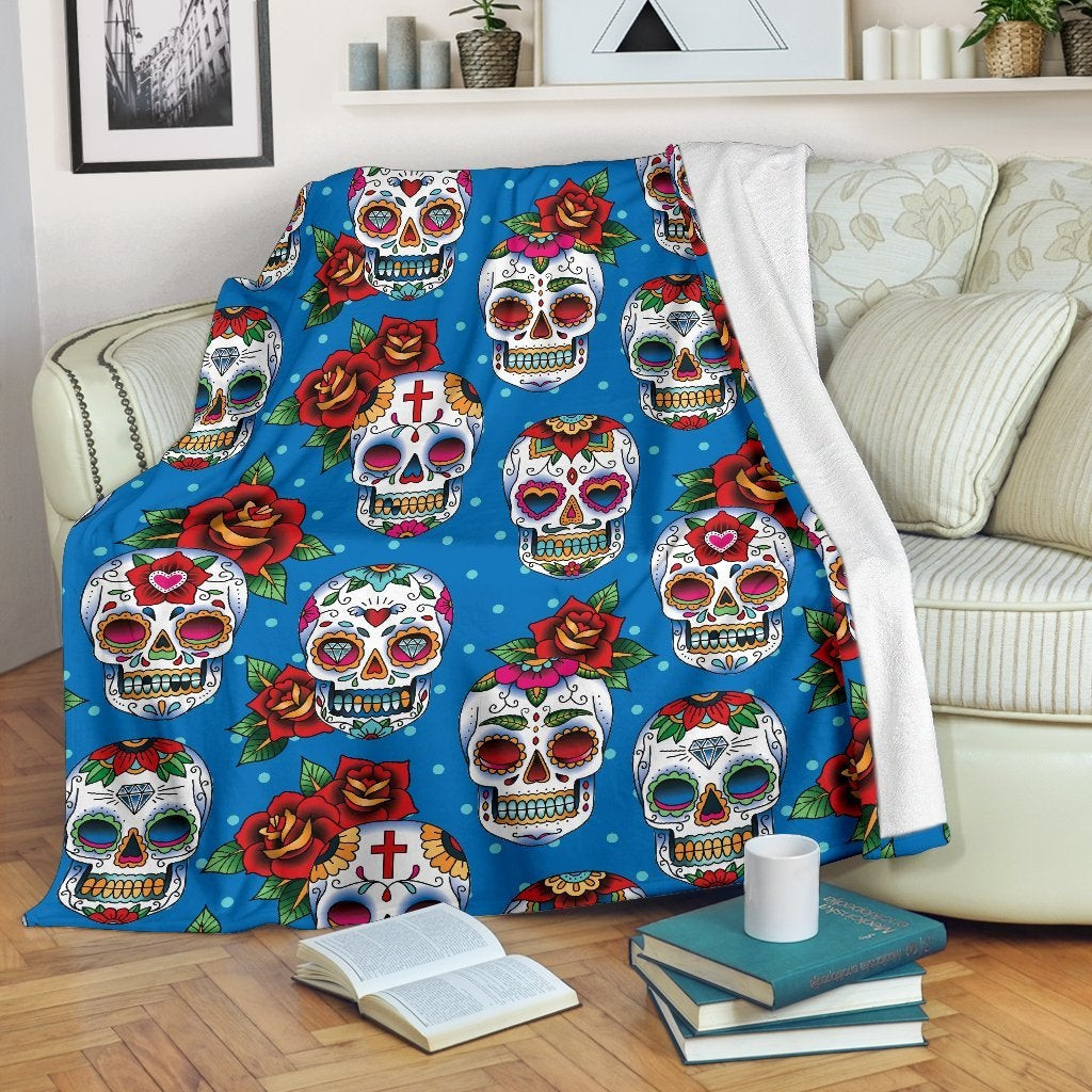 Rose Sugar Skull Pattern Cross Blue Throw Blanket