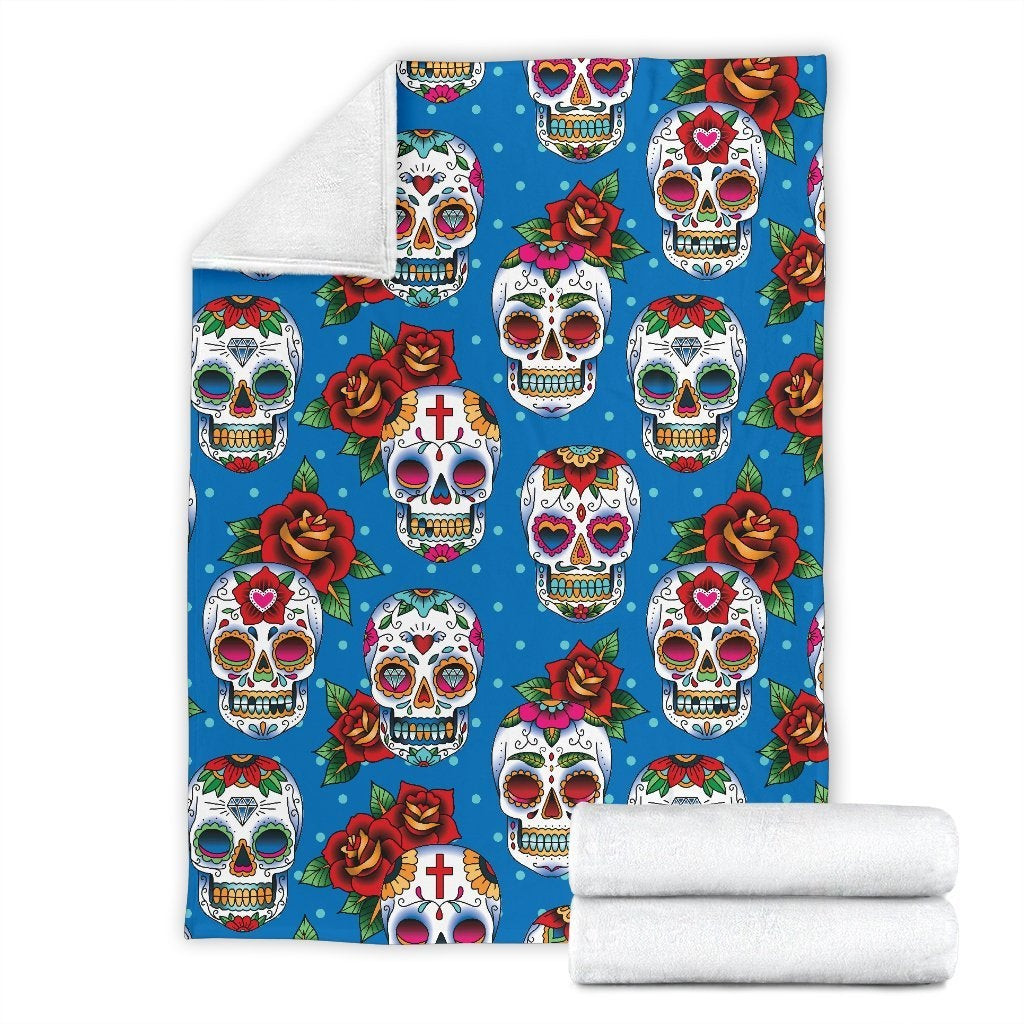 Rose Sugar Skull Pattern Cross Blue Throw Blanket