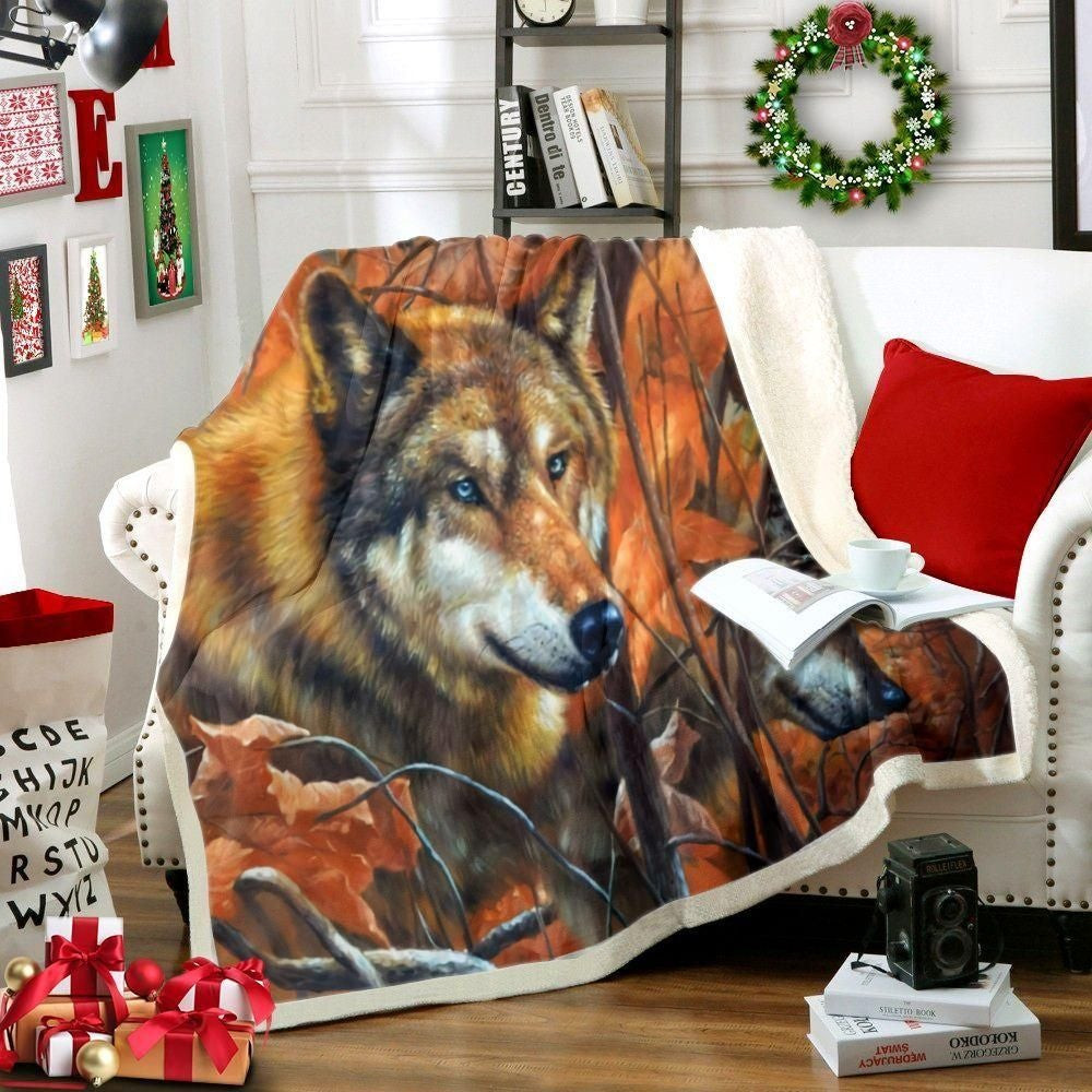 Sad Wolf In Fall Forest Pattern Throw Blanket