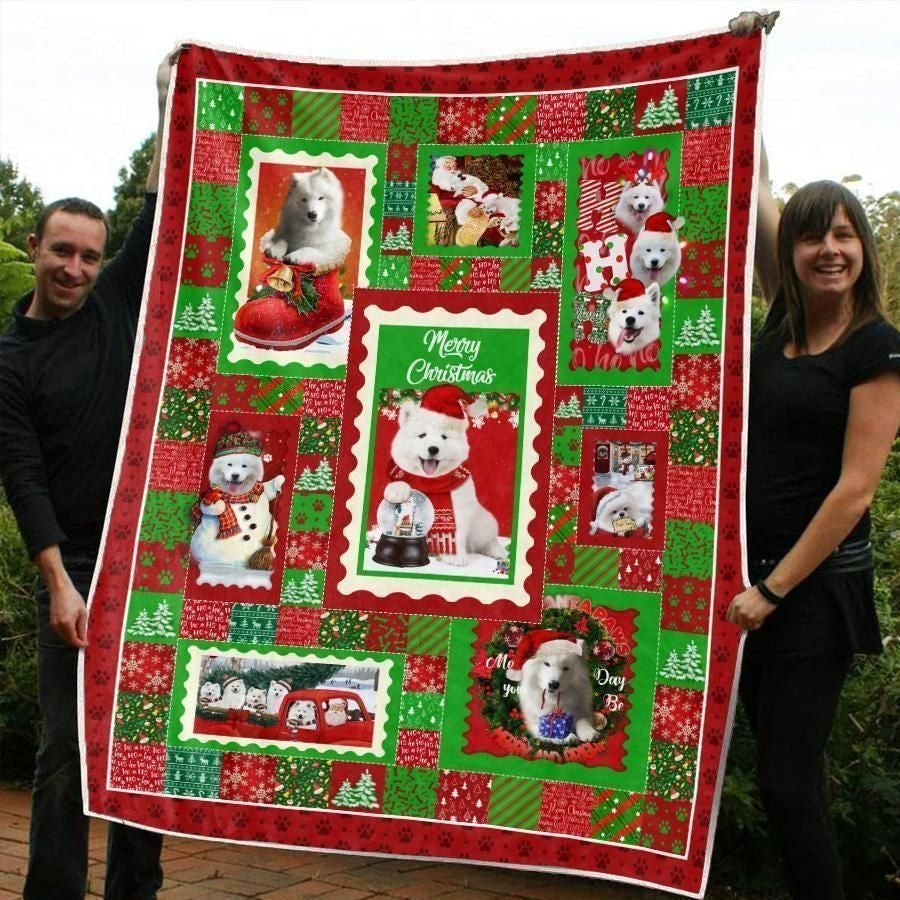 Samoyed Christmas Dog Stamp In Red And Green Throw Blanket