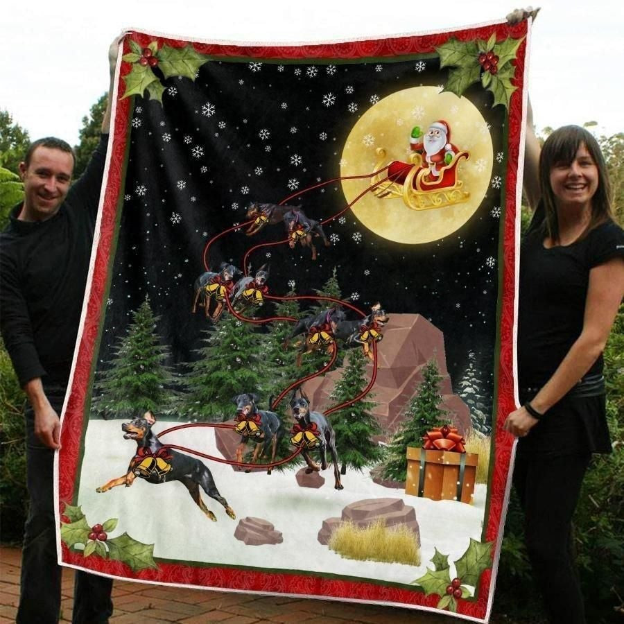 Santa And Dobermann Christmas Night Scene Throw Blanket