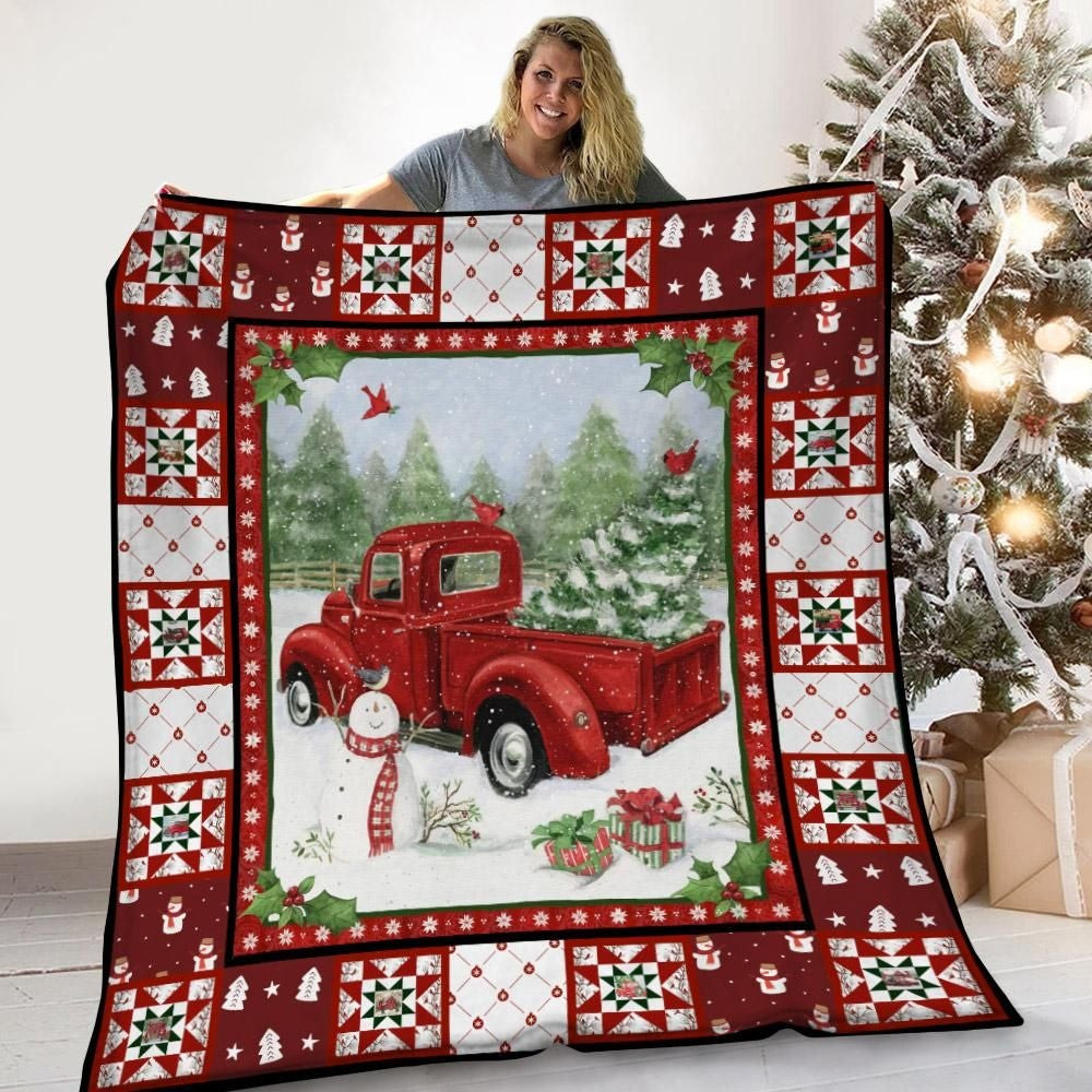 Scandinavian Style Red Truck Carrying Trees Christmas Throw Blanket