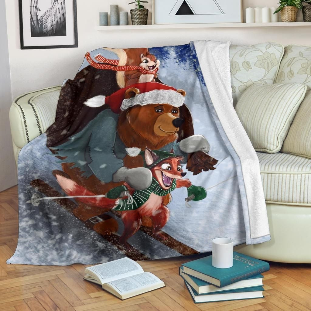 Skiing Christmas Bear Fox And Chipmunk Throw Blanket