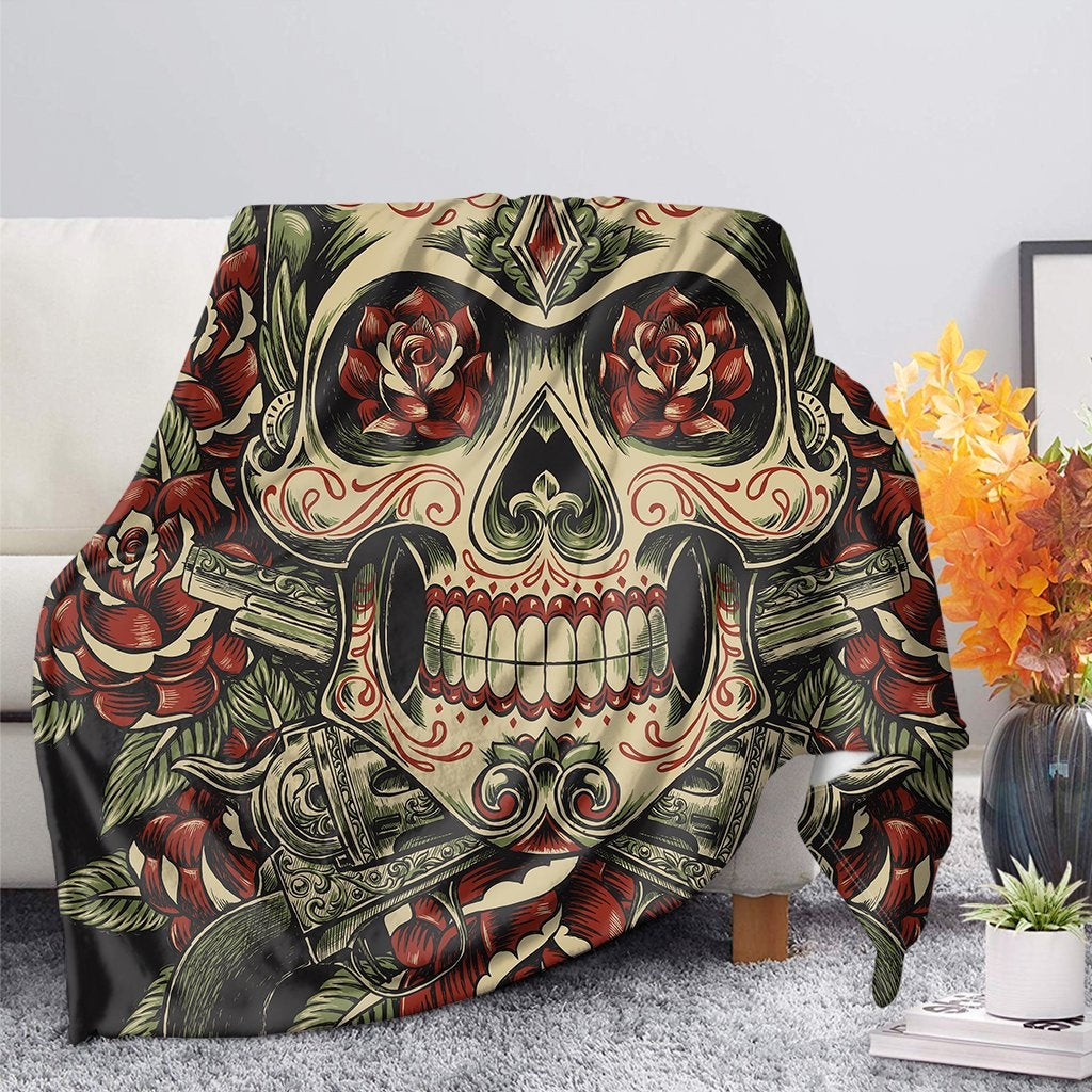 Skull And Roses Tattoo Throw Blanket