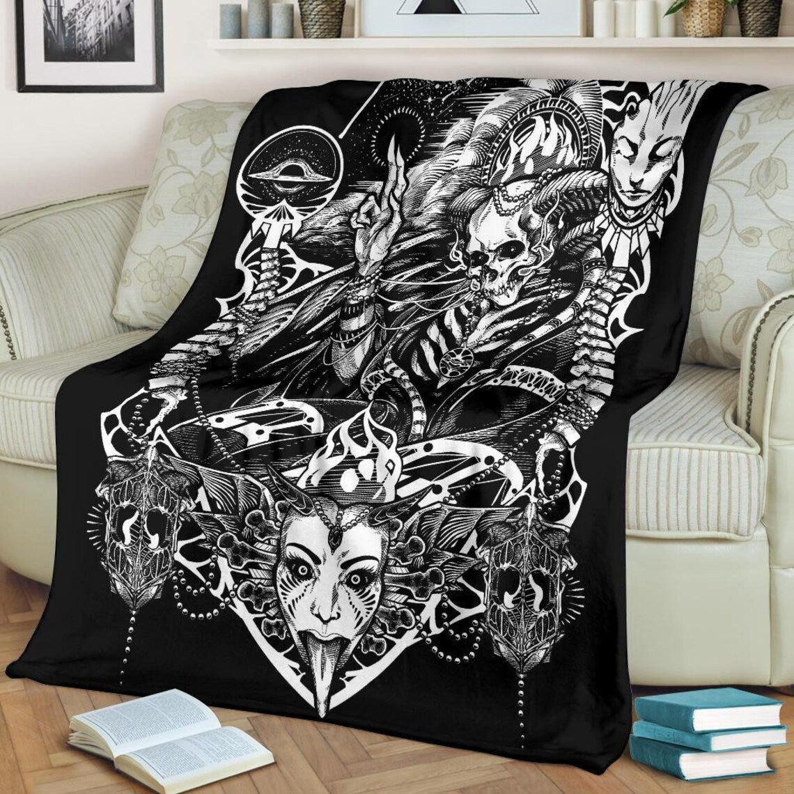 Skull Demon Bizarre Satanic Occult Throw Blanket