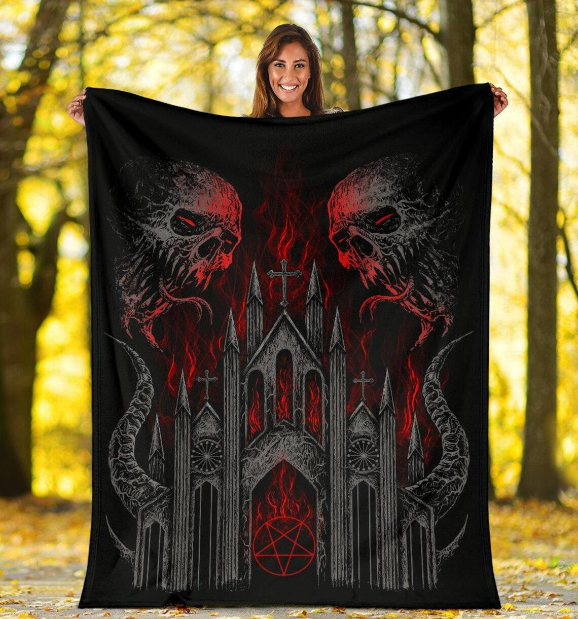 Skull Demon Satanic Pentagram Baphomet Church Flame Throw Blanket