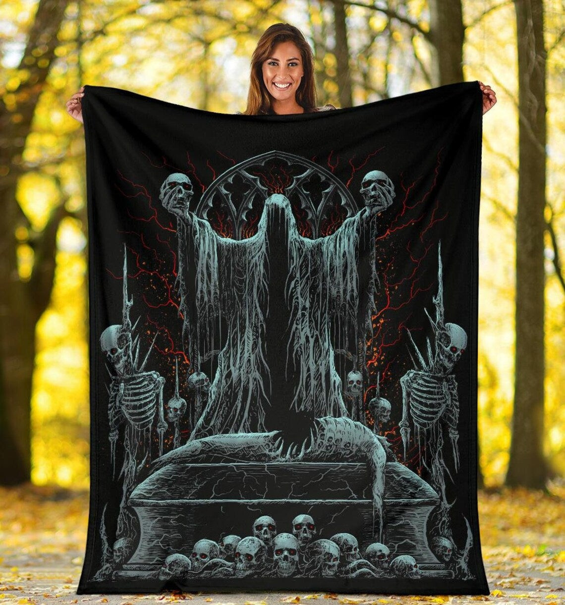 Skull Demon Shrine Goth Grim Reaper Throw Blanket