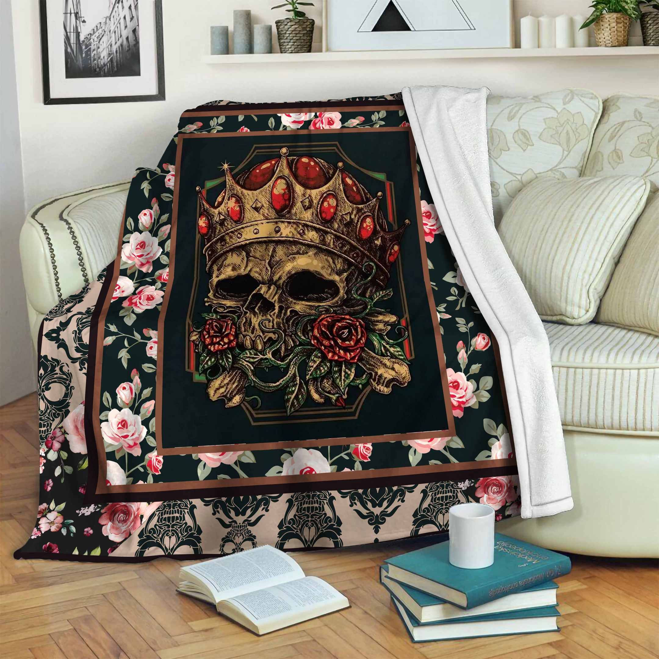 Skull King Rose Flowers Throw Blanket