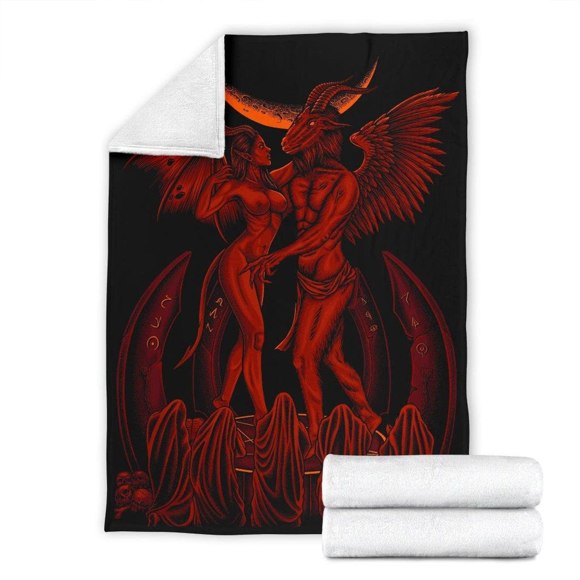 Skull Satanic Baphomet Erotic Demon Blood Red Hell Couple Throw Blanket