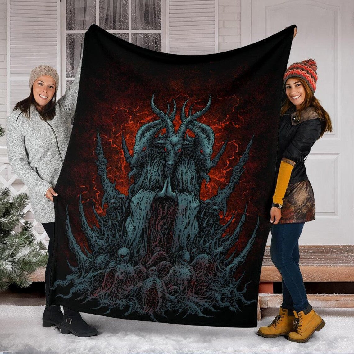 Skull Satanic Goat Baphomet Flame Color Throw Blanket