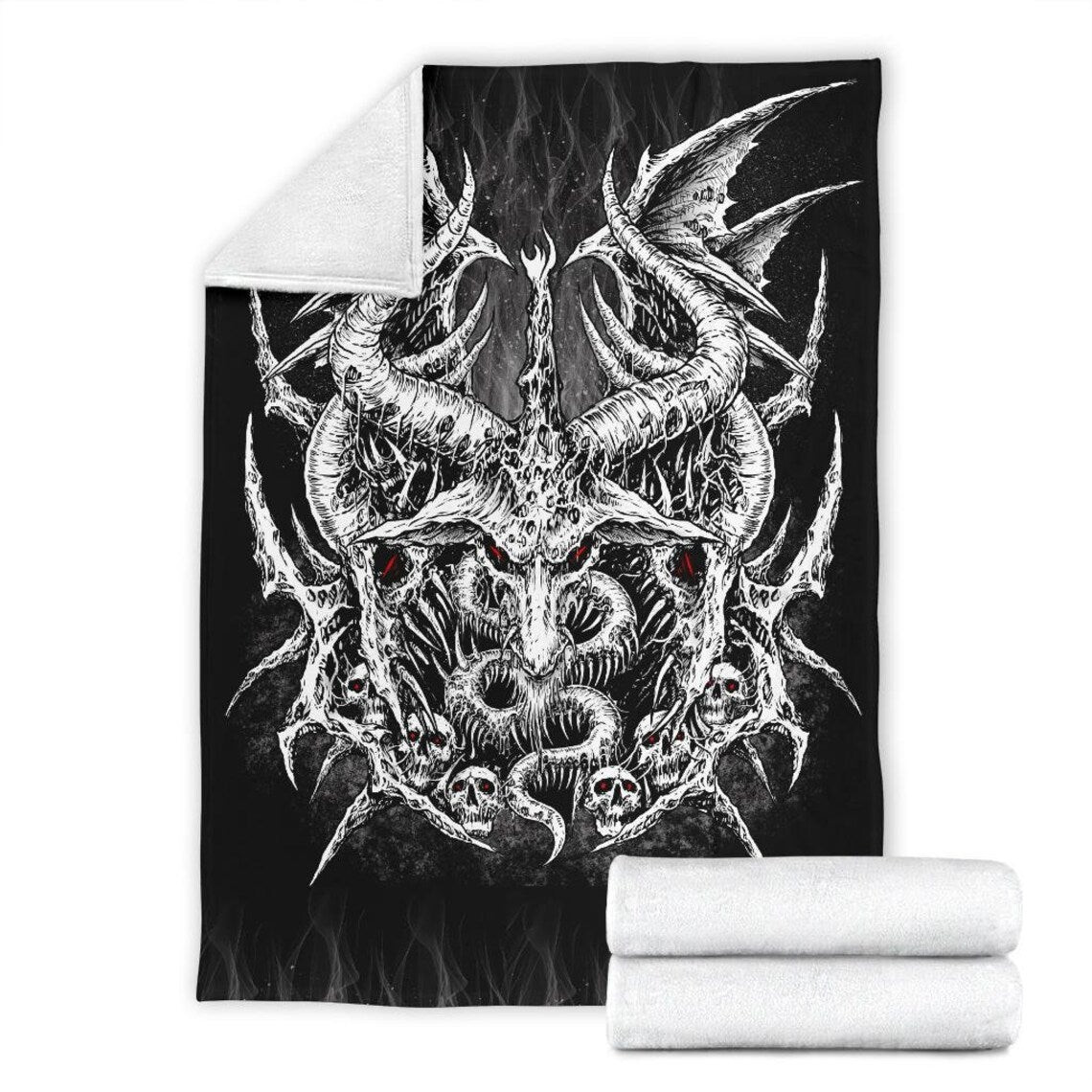 Skull Satanic Goat Wing Demon Black And White Throw Blanket