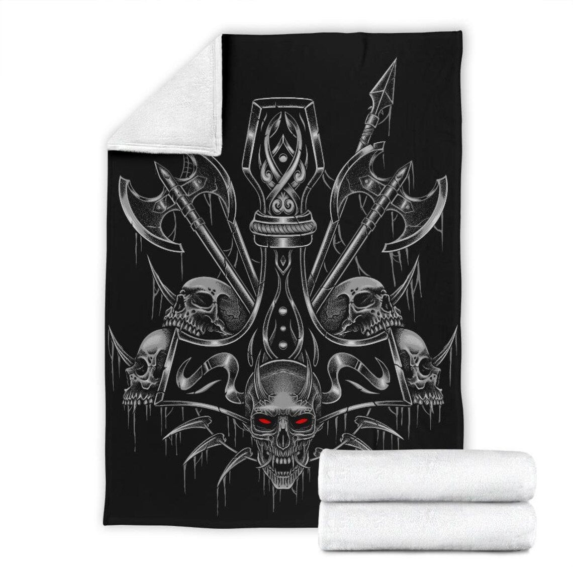 Skull Viking Thors Hammer Sword Silver Demon Red Eye Throw Blanket