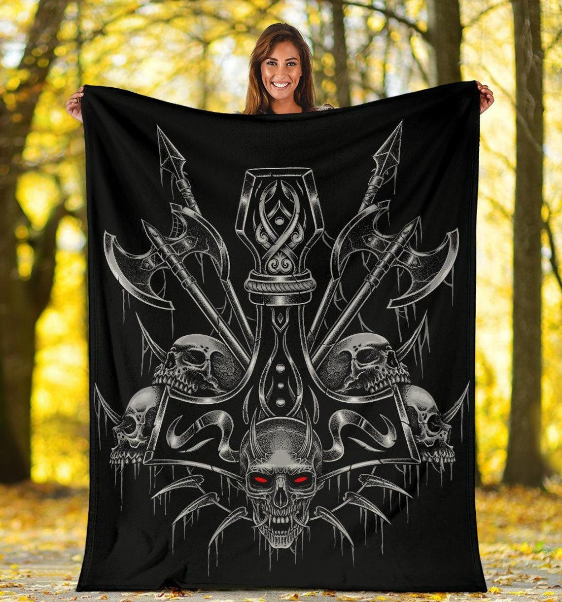 Skull Viking Thors Hammer Sword Silver Demon Red Eye Viking Throw Blanket