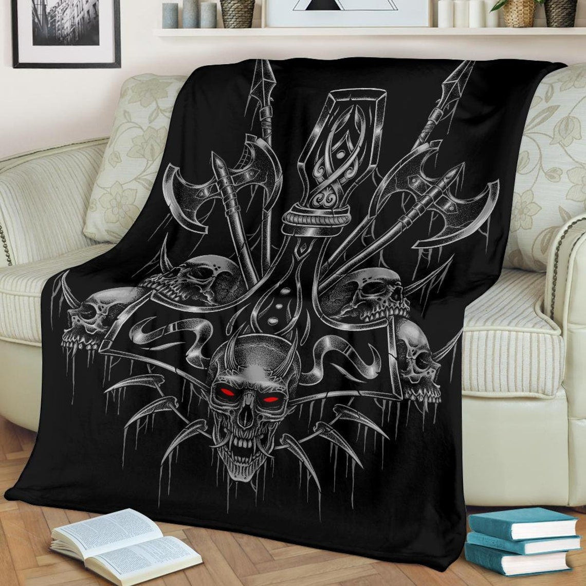 Skull Viking Thors Hammer Sword Silver Demon Red Eye Viking Throw Blanket