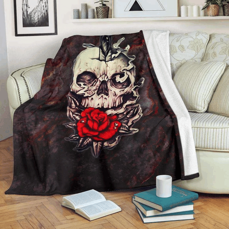 Skull With Red Rose Background Throw Blanket