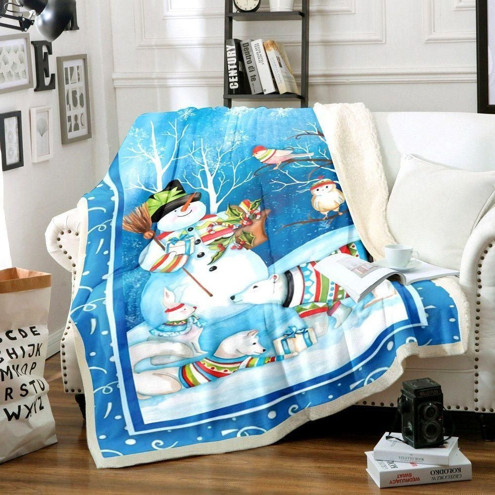 Snowman With White Bear And Bird Pattern Throw Blanket