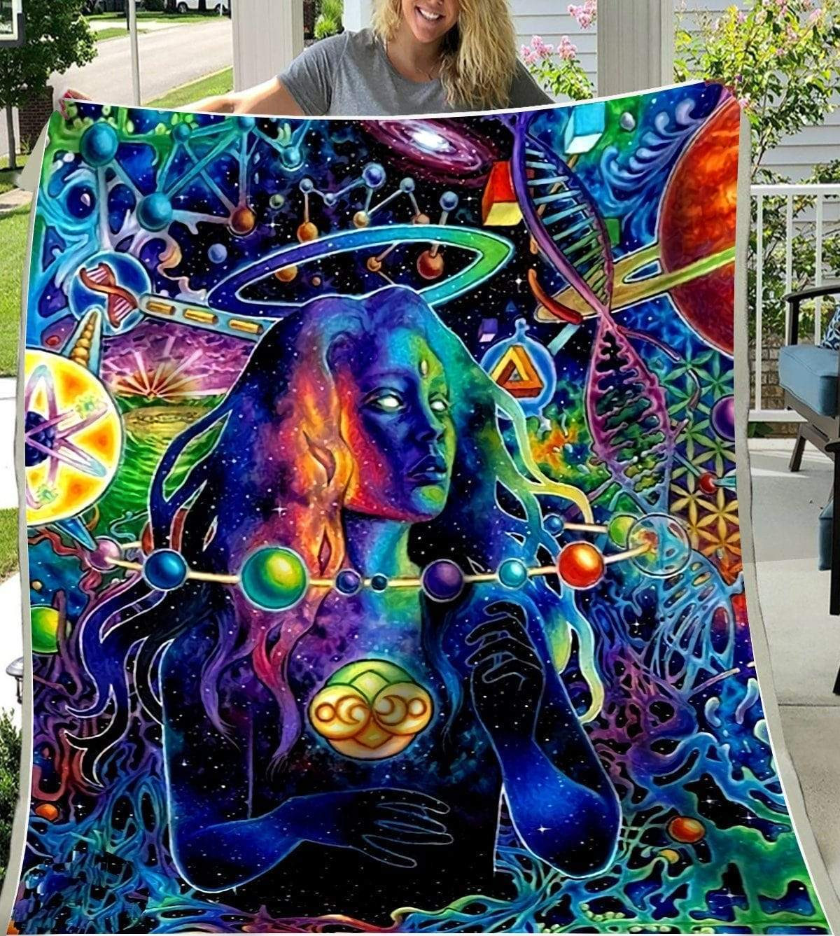 Space Hippie Girl Galaxy Colorful Throw Blanket