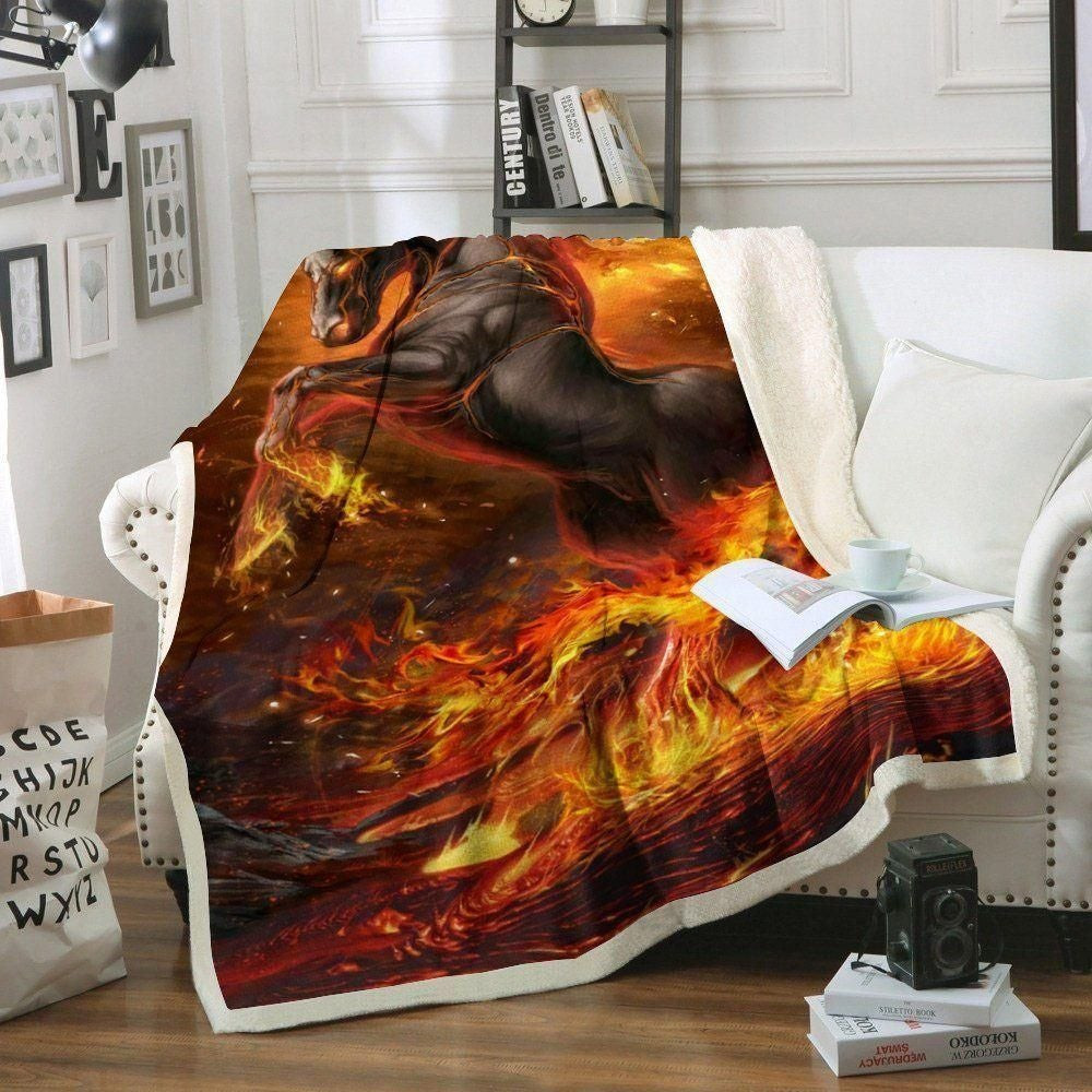 Strong Horse Jumping With Fire Pattern Throw Blanket