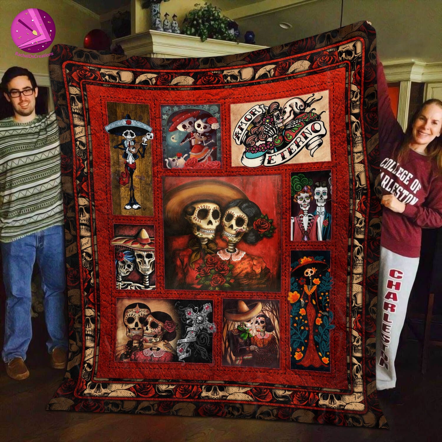 Sugar Skull Couple Sugar Rose Skull Girl Day Of The Dead Blanket