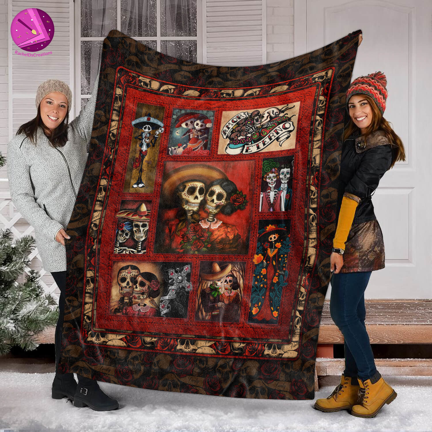 Sugar Skull Couple Sugar Rose Skull Girl Day Of The Dead Blanket