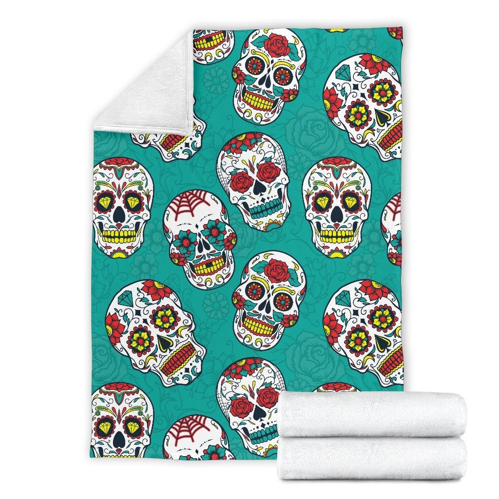 Teal Sugar Skull Pattern Throw Blanket