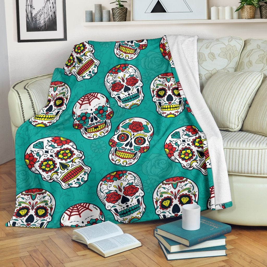 Teal Sugar Skull Pattern Throw Blanket