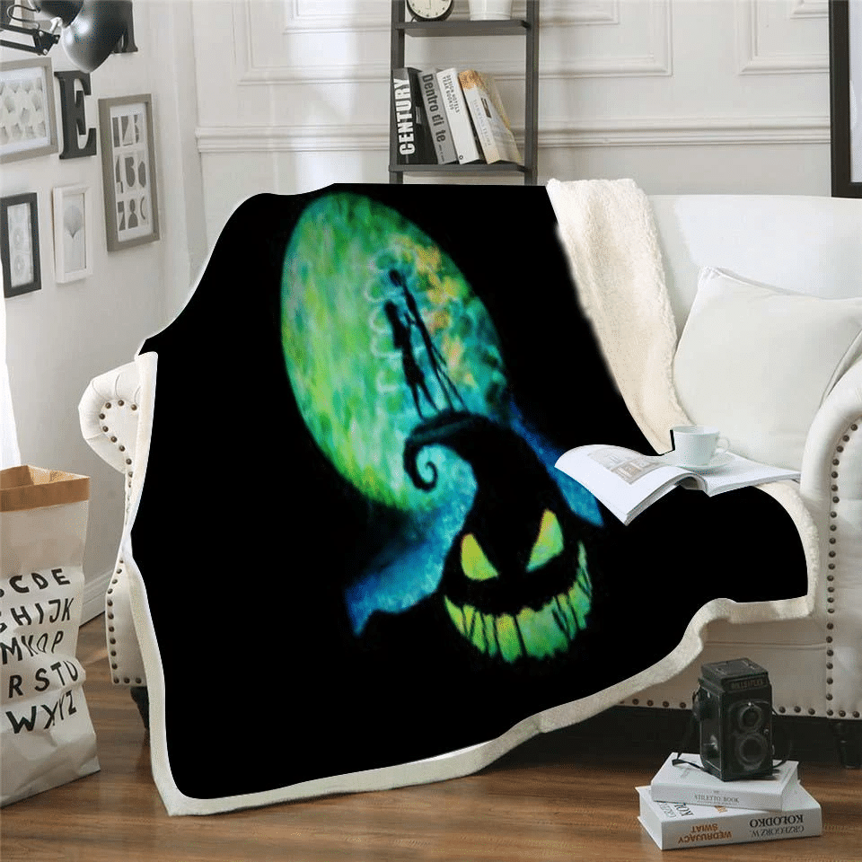 The Nightmare Before Christmas Pumpkin Silhouette Green Moon Throw Blanket