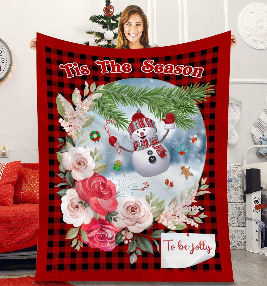 Tis The Season To Be Jolly Snowman Pine Tree Christmas Throw Blanket