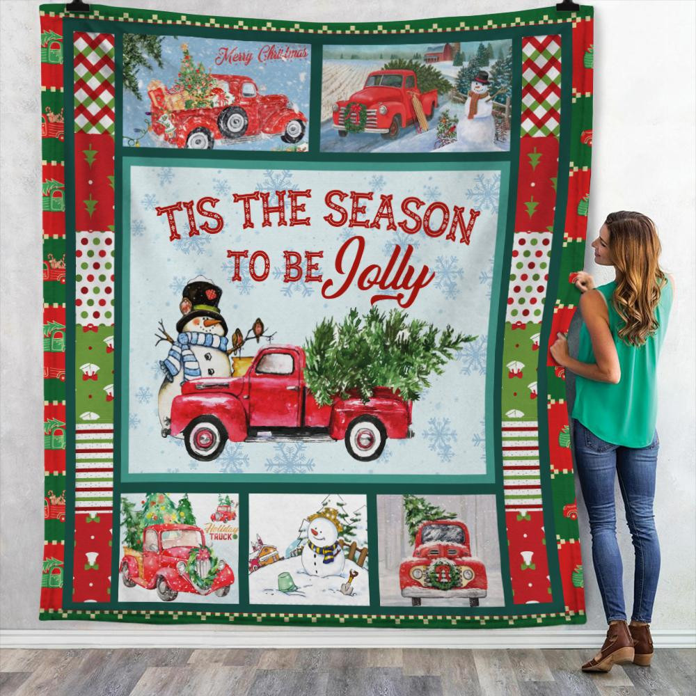 Tis The Season To Be Jolly Snowman Red Truck Christmas Throw Blanket