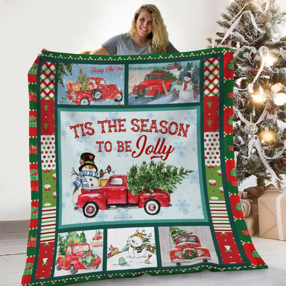 Tis The Season To Be Jolly Snowman Red Truck Christmas Throw Blanket