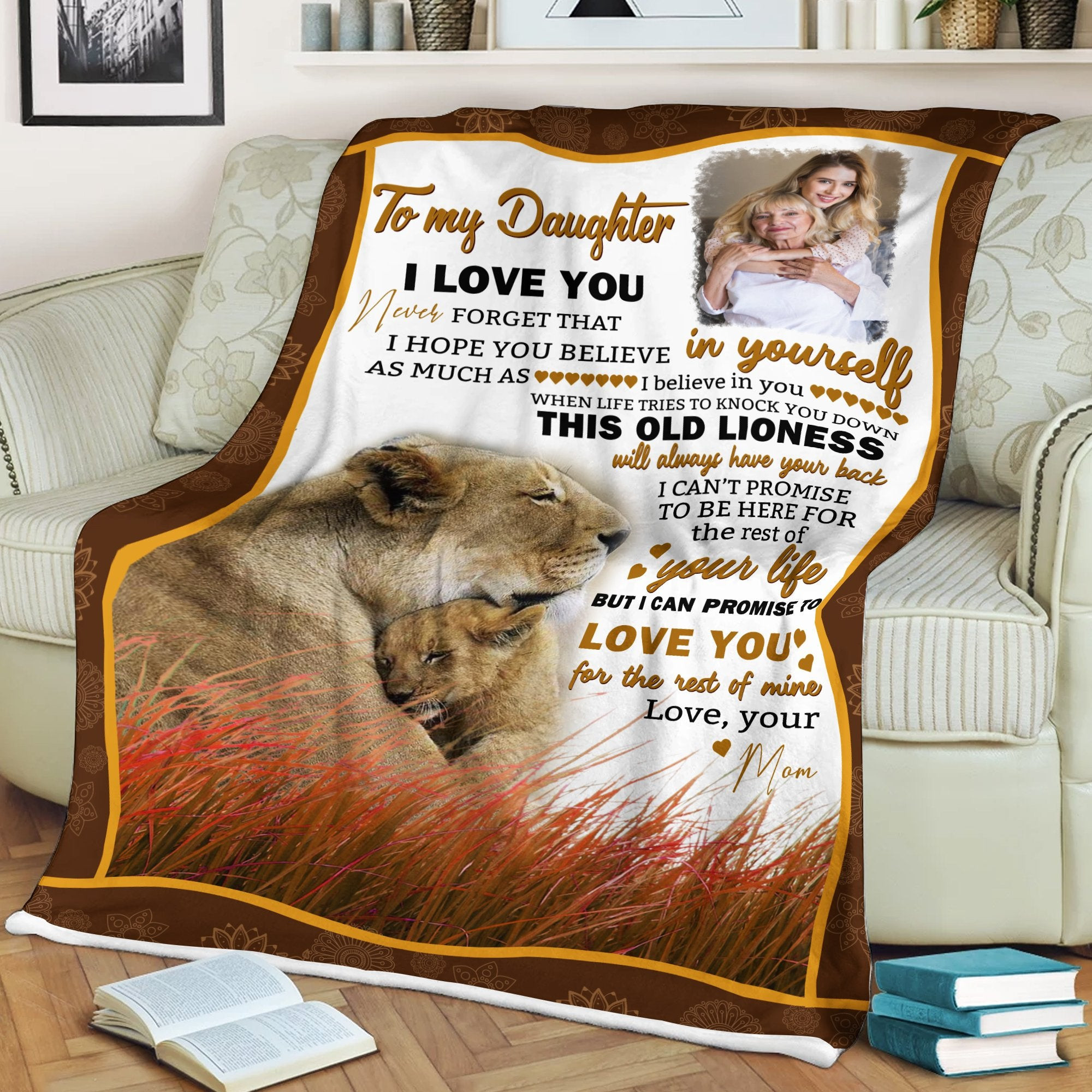 To My Daughter I can Promise To Love You Lions Hugging Gold Black Gift For Daughter From Mom Throw Blanket