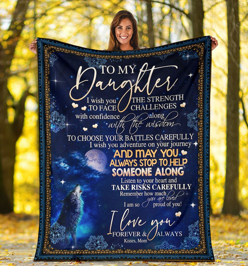 To My Daughter I Love You Forever And Always Wolf In Galaxy Dark Blue Gift For Daughter From Mom Throw Blanket