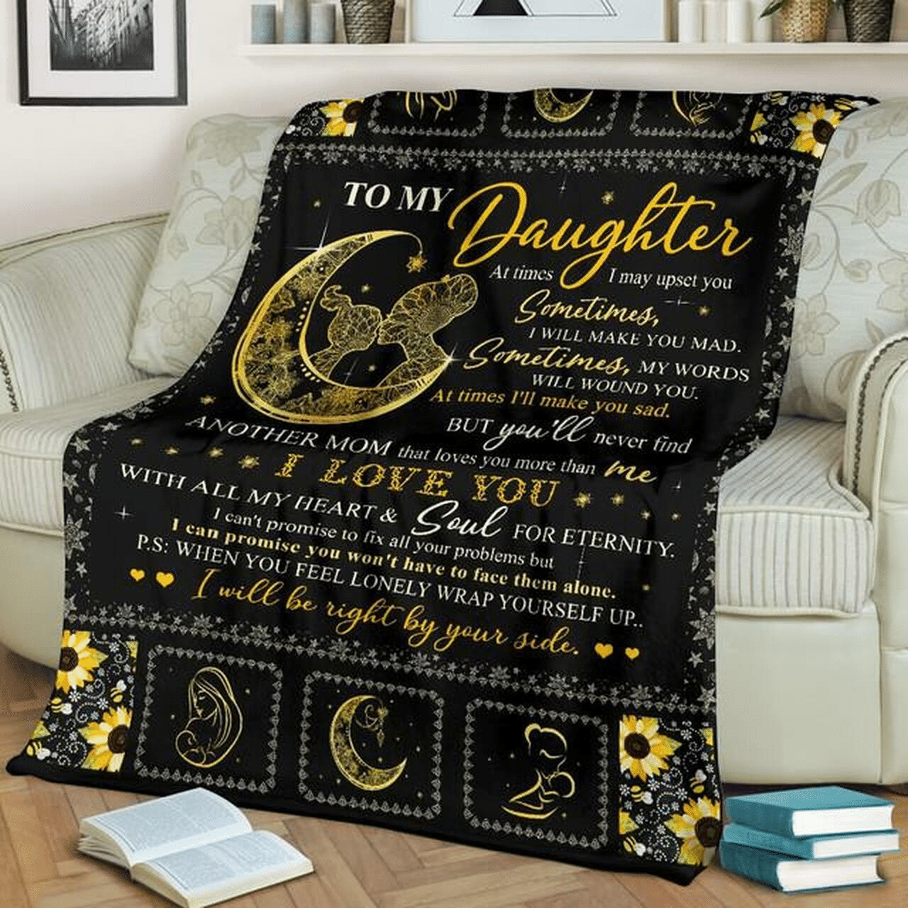 To My Daughter I Will Be Right By Your Side Mom And Daughter Kissing Black Golden Gift For Daughter Throw Blanket