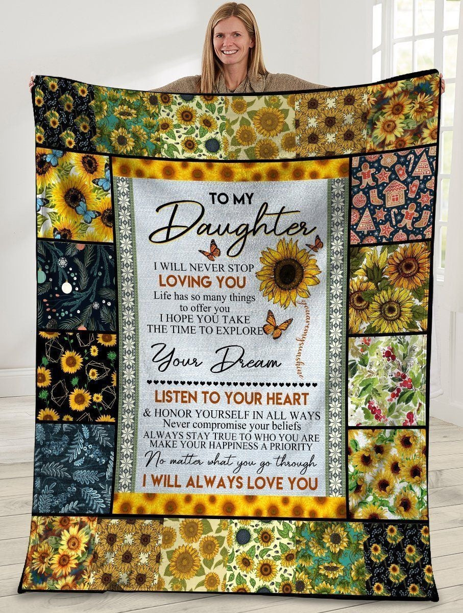 To My Daughter I Will Never Stop Mom And Daughter Sunflower Hippie Soft Throw Blanket