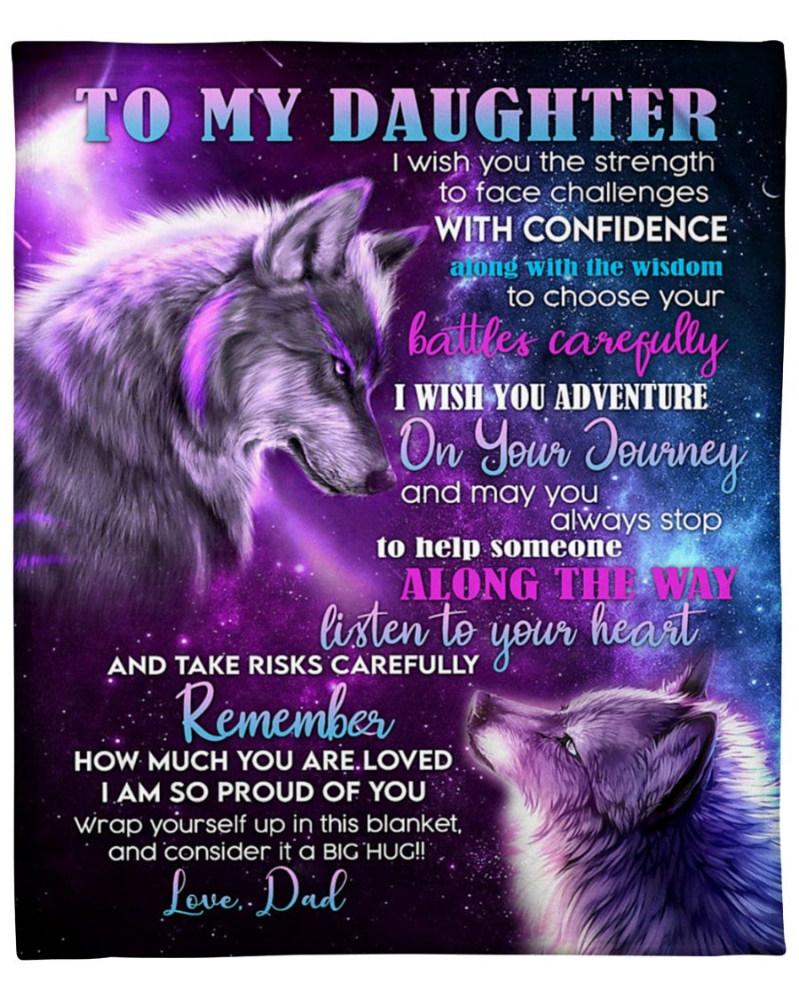 To My Daughter I Wish You Adventuree On Your Journey Dad Wolf And Baby Wolf Galaxy Gift For Daughter From Dad Throw Blanket