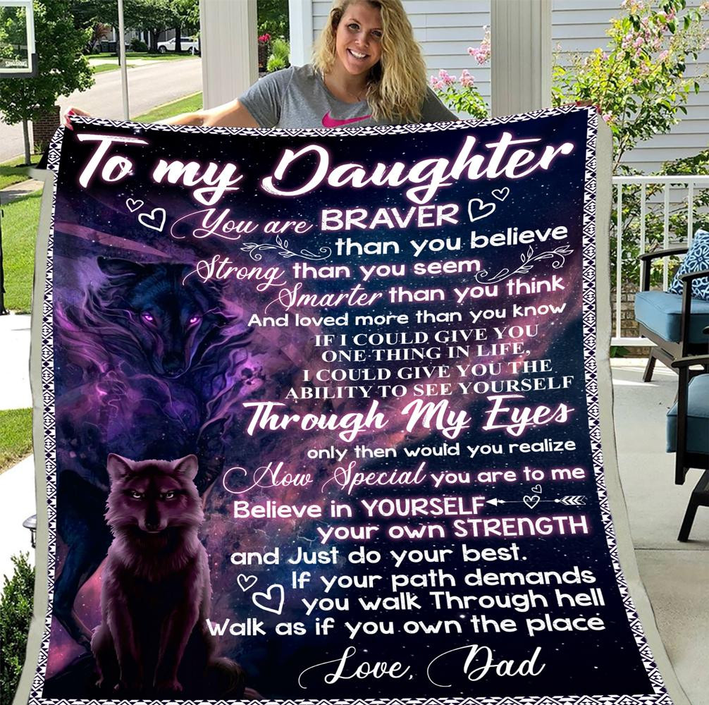 To My Daughter You Are Brave Purple Wolf Galaxy Gift For Daughter From Dad Throw Blanket