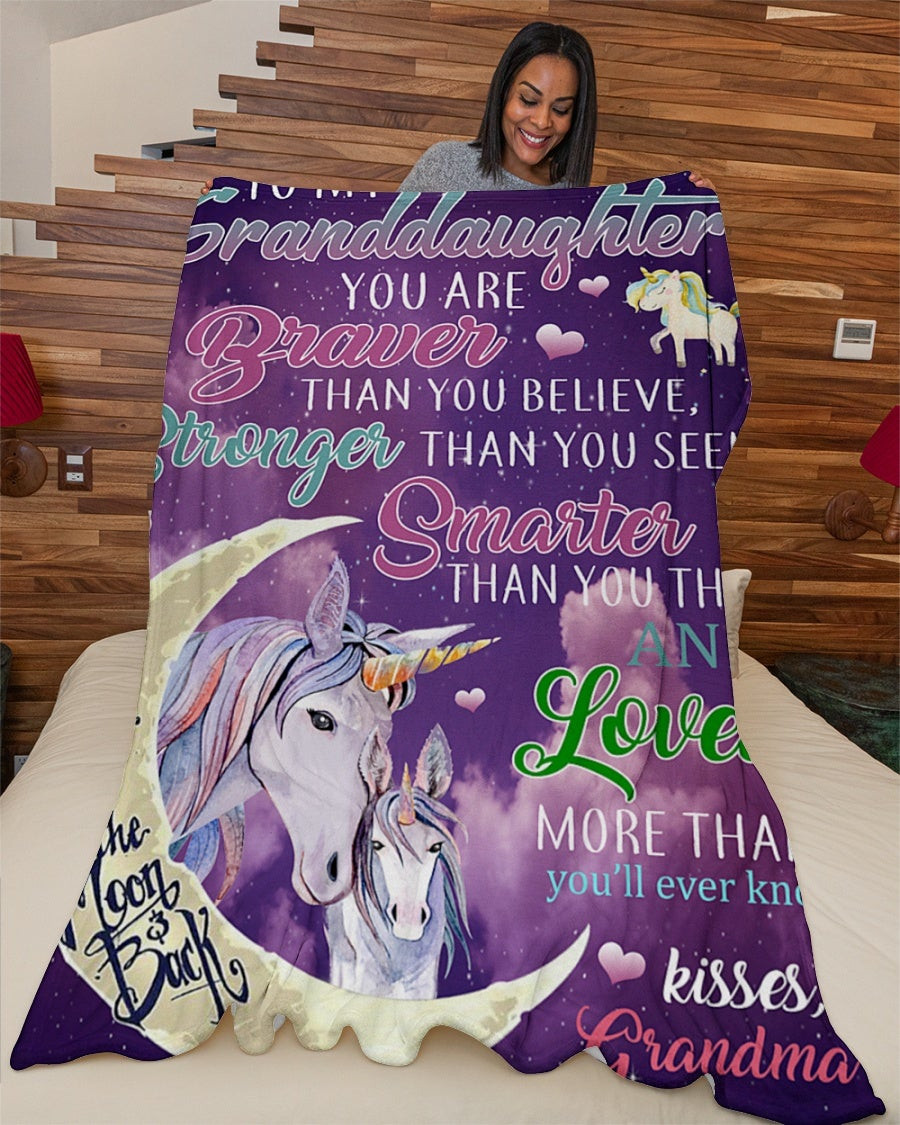 To My Granddaughter Stonger Smarter Loved Moon Unicorn Sherpa Blanket