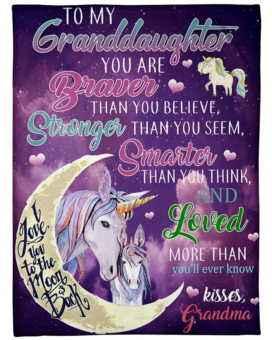 To My Granddaughter Stonger Smarter Loved Moon Unicorn Throw Blanket