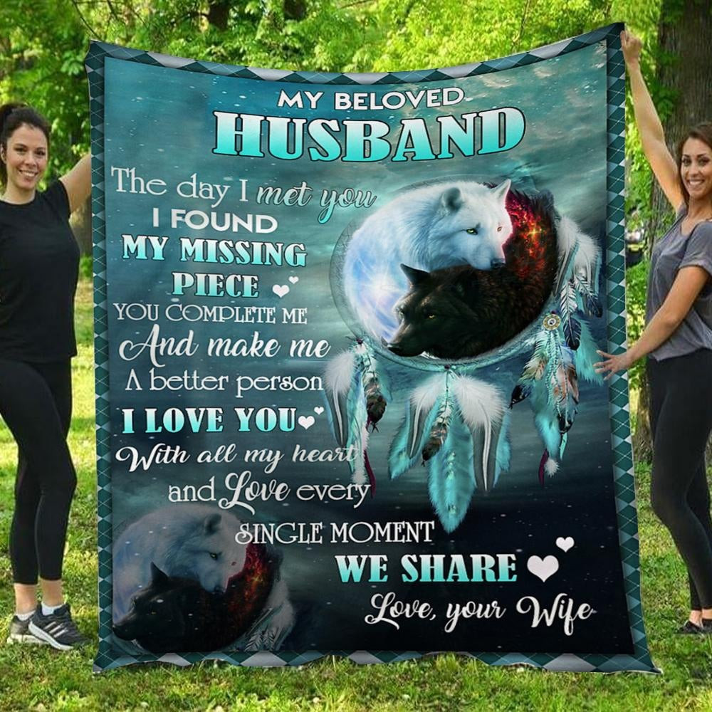 To My Husband I Found My Missing Piece Wolf Blue Throw Blanket