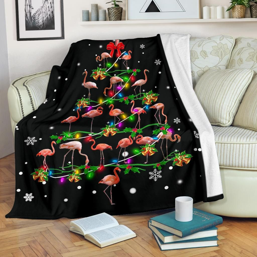 Tropical Flamingo With Lights And Bells Christmas Tree Throw Blanket